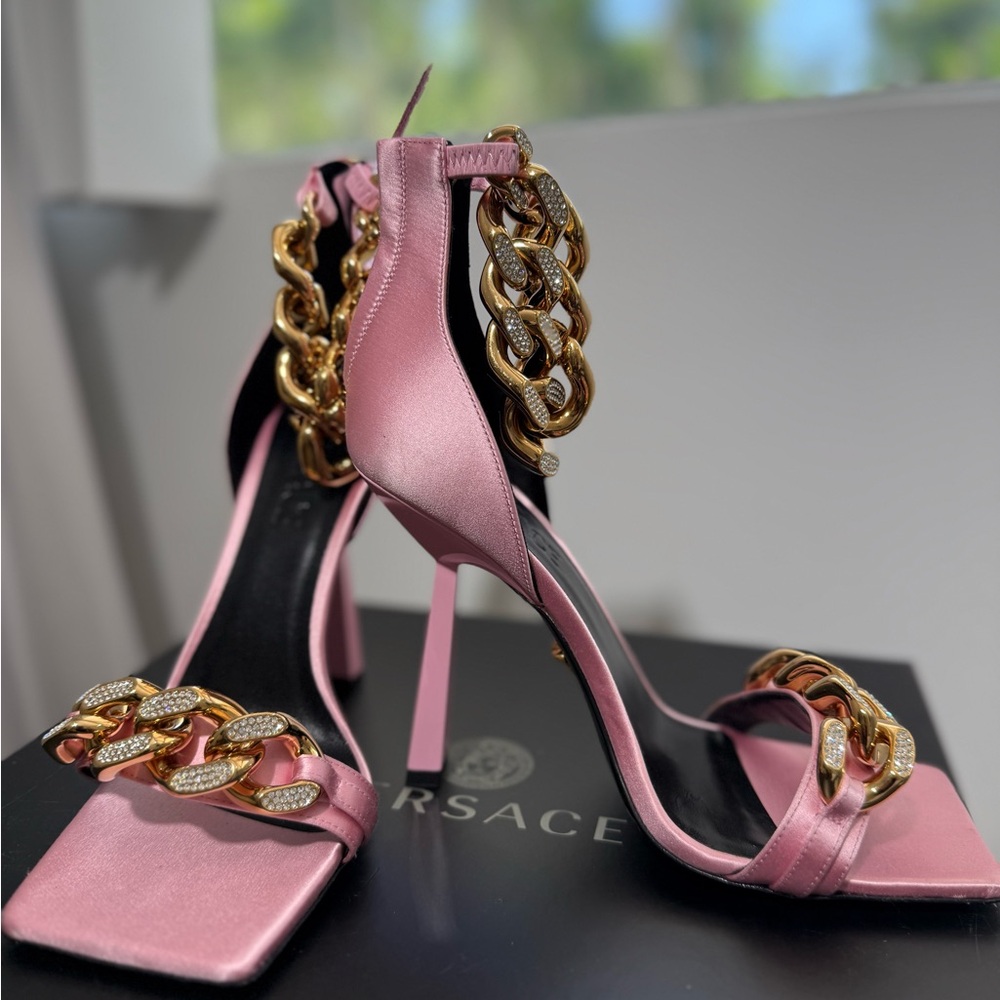 Versace Satin Pink Heels with Gold Chain